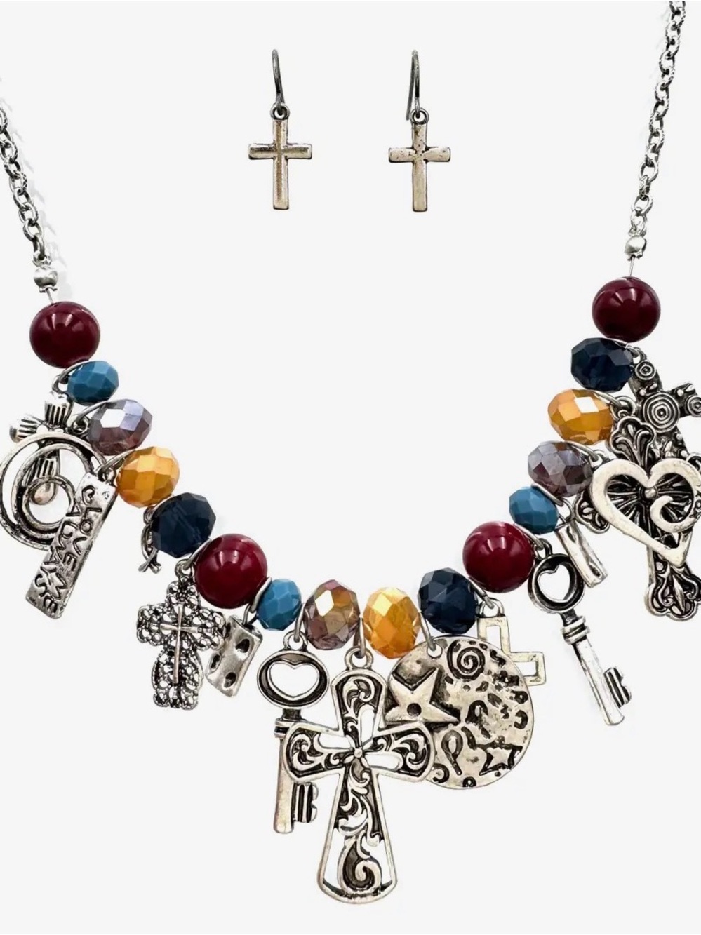 Multicolor Charm Cross Necklace and Earring Set - Silver Tone